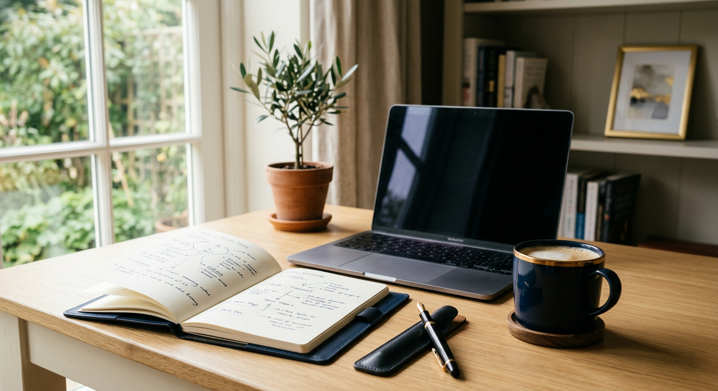 A calm workspace with an open notebook showing a handwritten career roadmap